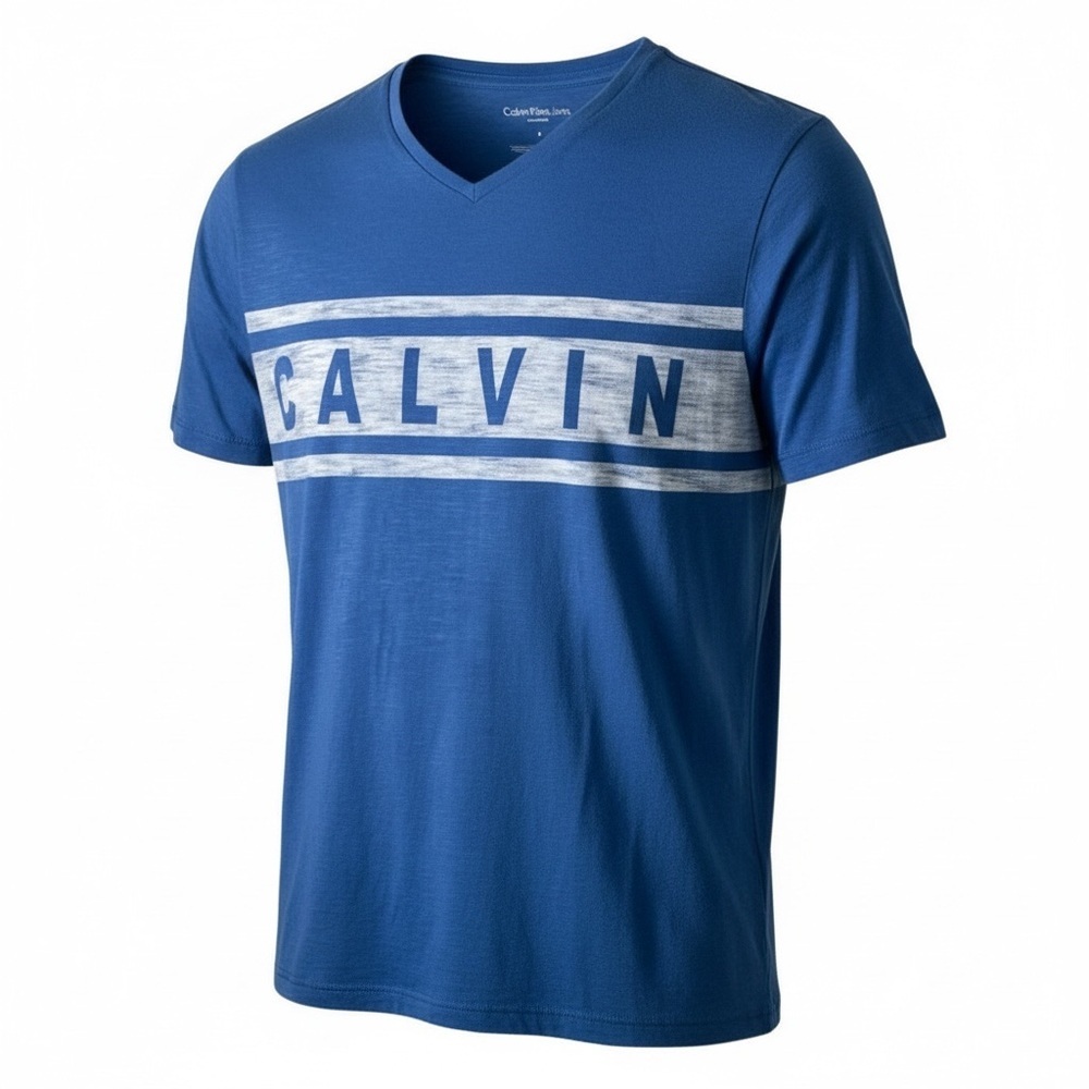 Calvin Klein Jeans Men’s T Shirt V-Neck & Silver Blue Size S
